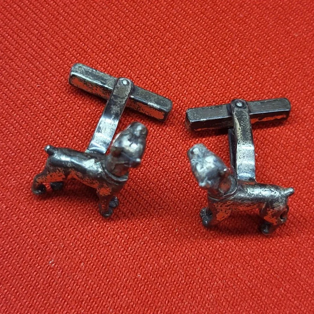 Vintage Signed Sterling Silver 3D Mechanics Heads Dog Cufflinks